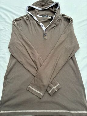 Michael Brandon Men's Hooded Zip-Up Sweater in Brown with White Trim